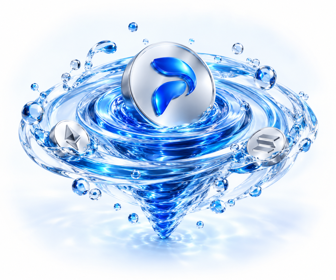 A silver PoolLens token floating above a luminous blue liquid glass pool